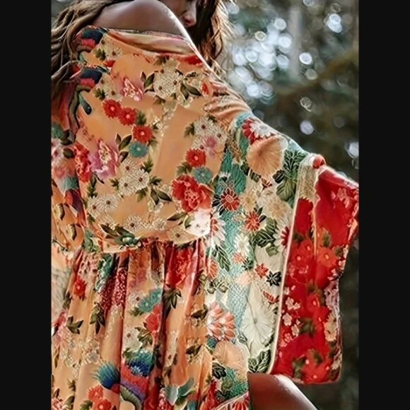 Orange Floral Kimono Beach Swim Coverup with Tie NEW - Picture 2 of 2